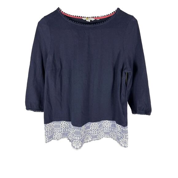Boden Womens Top Navy Blue Jersey Broderie Overlay Pullover 3/4 Sleeve Size 10 - Picture 1 of 4